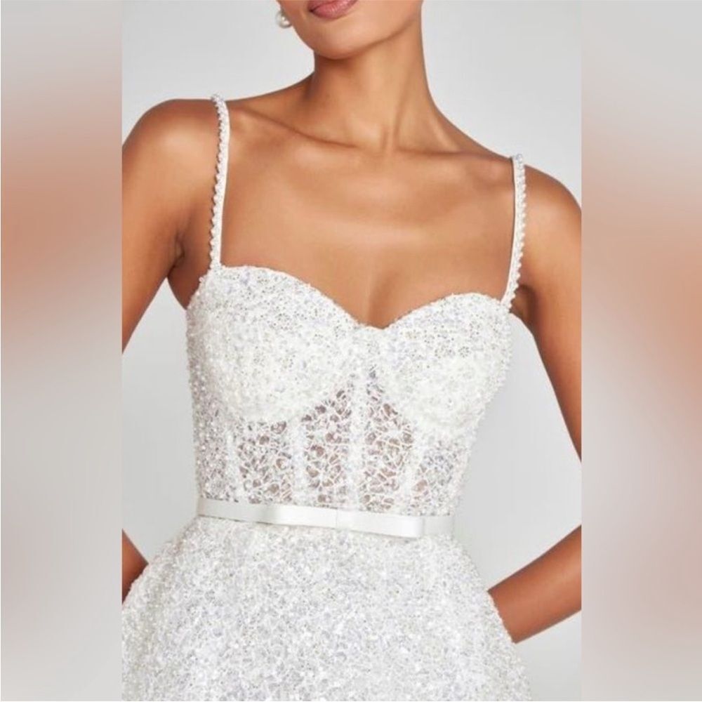 NADINE MERABI Women's White Alice Embellished Belted Cocktail Minidress A - Picture 2 of 8